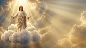 This heavenly background illustrates Jesus' Ascension, radiating peace and divine presence.