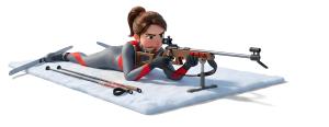 Download this Presentation Clipart featuring a female biathlete aiming in a snowy setting.