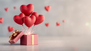 A charming Valentine's Day background featuring a gift box and heart-shaped balloons.