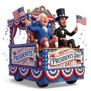 Download this Presentation Clipart celebrating Presidents Day with iconic figures in a festive parade.
