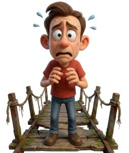 Download this Presentation Clipart featuring a man on a rickety bridge expressing fear.