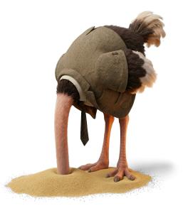 Download this Presentation Clipart featuring an ostrich in a suit hiding its head in sand, symbolizing avoidance in business.