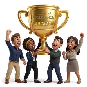 Customize this Presentation Clipart featuring a team celebrating with a trophy.