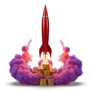 Download this Presentation Clipart featuring a rocket launching over coins, symbolizing business growth and success.