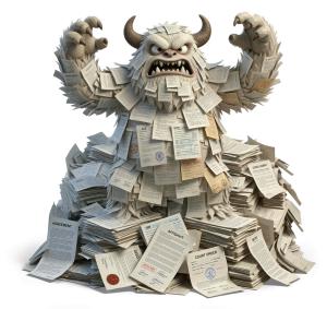 Download this Presentation Clipart featuring a paperwork monster amidst legal documents.