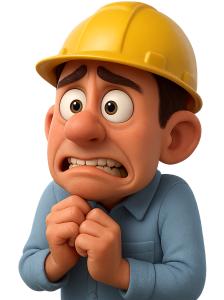 Download this Presentation Clipart featuring a nervous construction worker expressing anxiety about risk assessment.