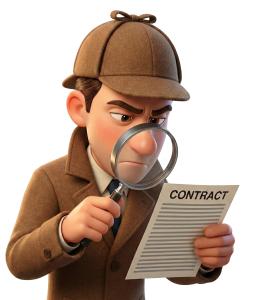 Download this Presentation Clipart featuring a businessman investigating contracts like a detective.