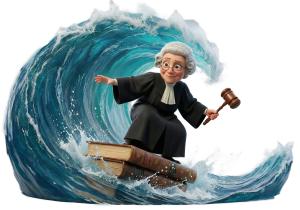 Download this Presentation Clipart to illustrate navigating legal waters with a judge surfing on law books.