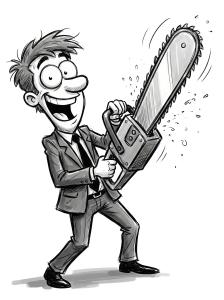 Download this Presentation Clipart featuring a businessman with a chainsaw symbolizing budget cuts.