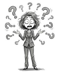 Download this Presentation Clipart featuring a confused business woman surrounded by questions.