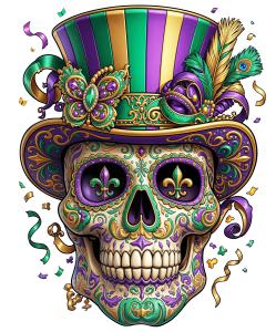 Download this Presentation Clipart featuring a vibrant Mardi Gras skull design.