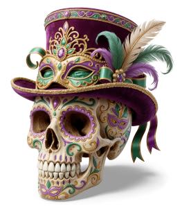 Download this Presentation Clipart featuring a festive Mardi Gras skull design.