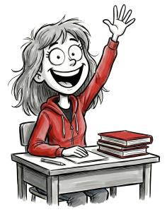Download this Presentation Clipart featuring a female student raising her hand in a classroom.