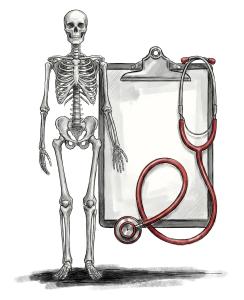Download this Presentation Clipart featuring a skeleton and medical tools for health-related educational materials.
