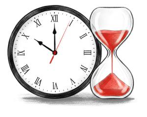 Download this Presentation Clipart featuring a clock and hourglass symbolizing time and deadlines.