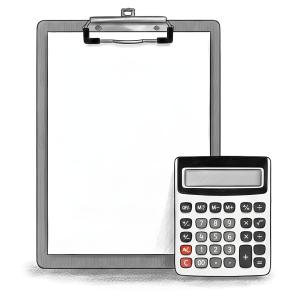Download this Presentation Clipart featuring a calculator and clipboard for finance-related visuals.