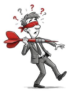 Download this Presentation Clipart featuring a blindfolded man with a dart symbolizing chance and decision-making.