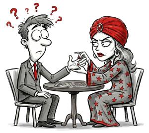 Download this Presentation Clipart featuring a fortune teller and client in a mystic setting.