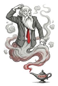 Download this Presentation Clipart featuring a confused business genie surrounded by smoke.