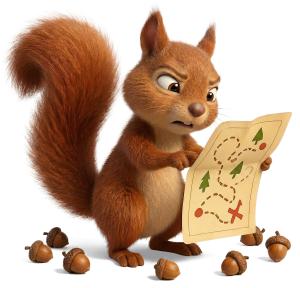 Download this Presentation Clipart featuring a squirrel humorously sidetracked by acorns on its journey.