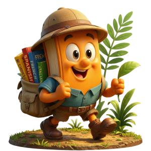 Download this Presentation Clipart featuring a cheerful character representing language learning and adventure.