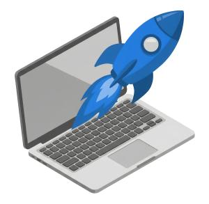 Download this Presentation Clipart featuring a rocket ship launching from a laptop to symbolize innovation and success.