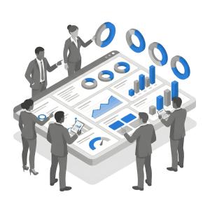 Download this Presentation Clipart showcasing teamwork in analyzing a business dashboard.