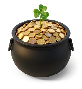 Download this Presentation Clipart featuring a shamrock growing in a pot of gold for St. Patrick's Day themes.