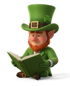 Download this Presentation Clipart featuring a leprechaun reading a book for festive and educational themes.
