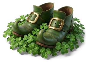 Download this Presentation Clipart featuring lucky leprechaun shoes surrounded by clover for St. Patrick's Day themes.