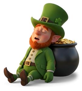 Download this Presentation Clipart featuring a leprechaun sleeping by gold coins for your St. Patrick's Day projects.
