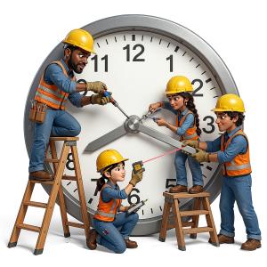 Download this Presentation Clipart featuring construction workers humorously adjusting a large clock.