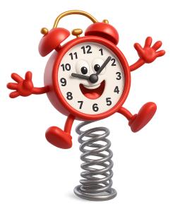 Download this Presentation Clipart featuring a cheerful alarm clock energetically jumping on a spring.