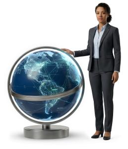 Download this Presentation Clipart showcasing a businesswoman with a globe symbolizing global connectivity and big data.