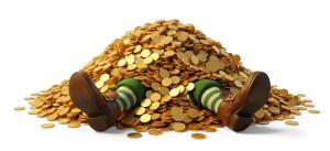 Download this Presentation Clipart depicting a leprechaun humorously buried under gold coins, symbolizing greed and excess.