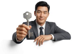Download this Presentation Clipart of a businessman handing a key symbolizing wealth and prosperity.