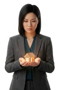 Download this Presentation Clipart depicting a businesswoman holding a glowing home symbolizing financial protection and security.
