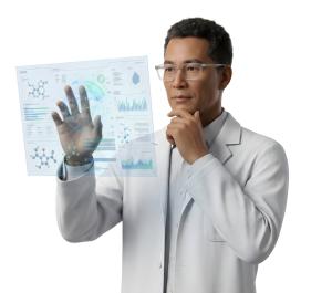 Download this Presentation Clipart featuring a scientist engaged in digital research.