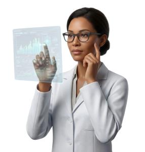 Download this Presentation Clipart featuring a scientist analyzing data digitally.