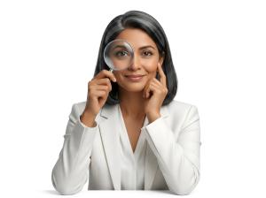 Download this Presentation Clipart featuring a businesswoman searching with a magnifying glass for your professional presentations.