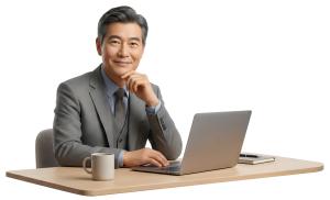 Download this Presentation Clipart featuring a businessman smiling at his desk.