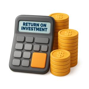 Download this Presentation Clipart featuring an ROI calculator and coins for financial analysis.