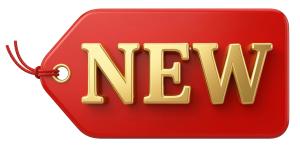 Download this Presentation Clipart featuring a bold red tag with golden "NEW" text for marketing and promotional use.