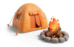 Download this Presentation Clipart featuring a camping scene with a tent and campfire.