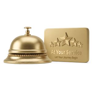 Download this Presentation Clipart featuring a gold service bell and card symbolizing hospitality and customer service.