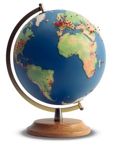 Download this Presentation Clipart featuring a globe with travel destination pins.