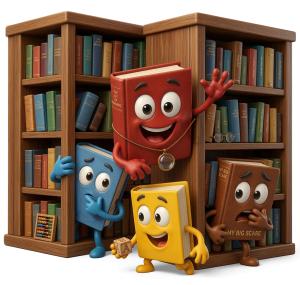 Download this Presentation Clipart featuring playful books in a lively library setting, perfect for educational themes.