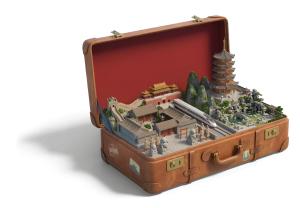 Download this Presentation Clipart featuring a suitcase filled with iconic Chinese landmarks.