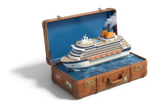 Download this Presentation Clipart featuring a cruise ship in a suitcase, perfect for travel-themed presentations.