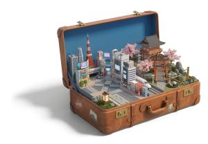 Download this Presentation Clipart showcasing a travel suitcase revealing Japan's beauty.